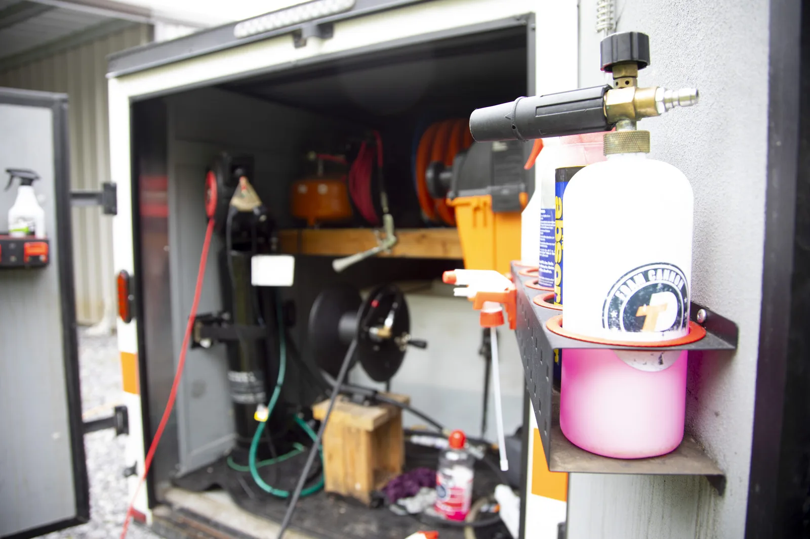 Open and organized On The Geaux mobile service trailer.
